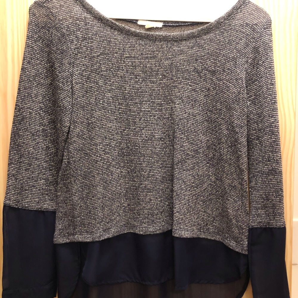 Lightweight Navy blouse with sheer partial sleeve